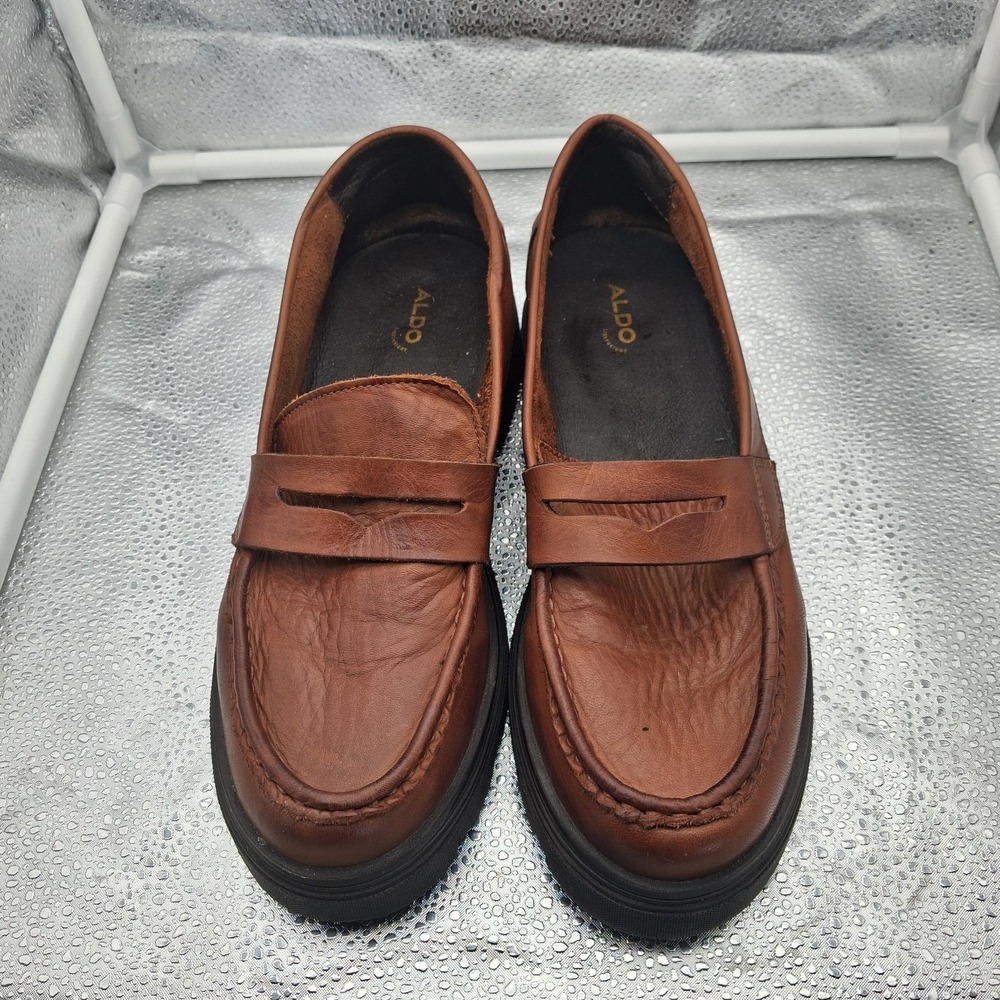 ALDO Biglect Brown Leather Chunky Platform Lug Sole Loafers Slip On Size 6.5